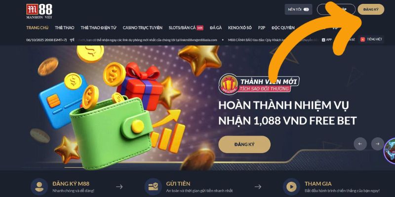 Nhấn vào nút đăng ký trên giao diện